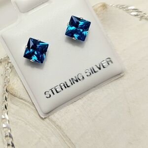 Aqua Blue Sterling Silver Square Gemstone Studs 5mm NEW